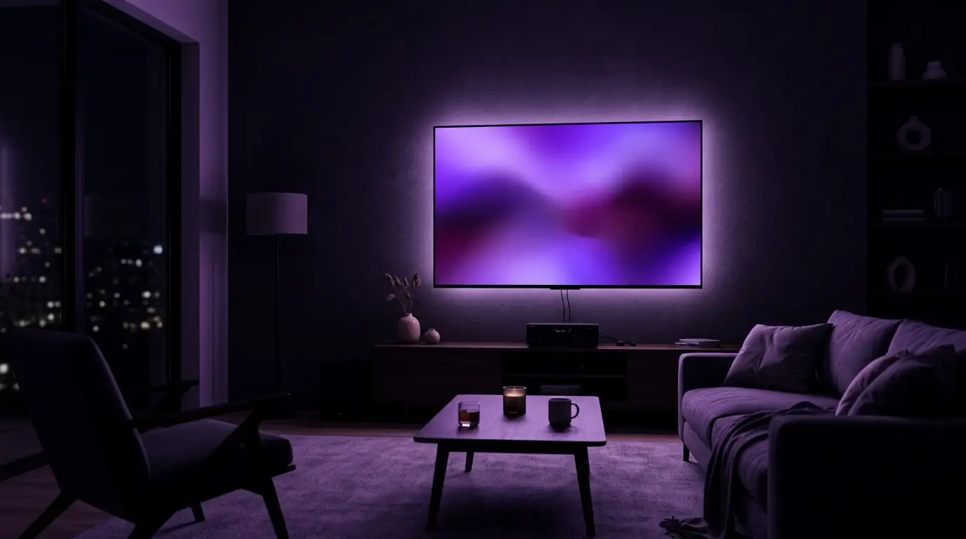 Sala de estar com uma Smart TV exibindo a tela inicial do FXTV Player