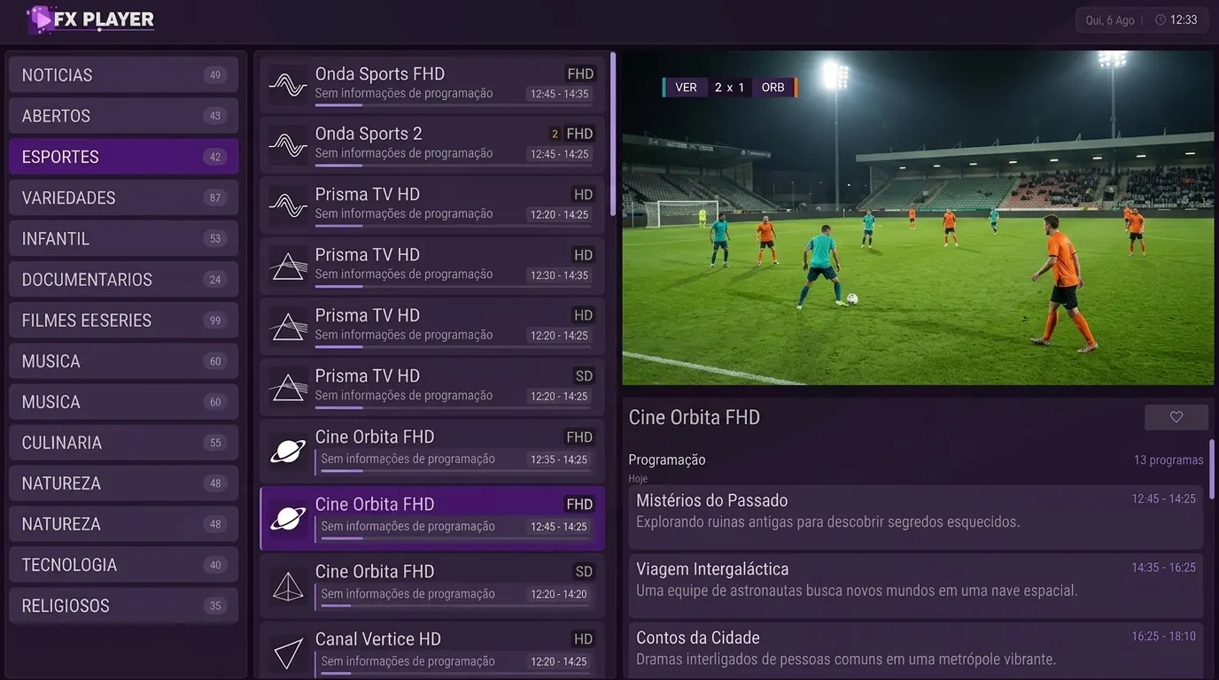 Lista de canais ao vivo com logo, selo de qualidade e o programa em exibição