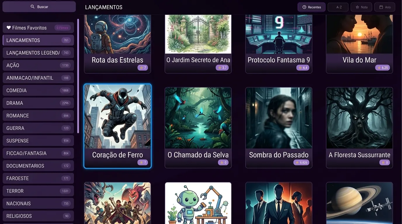 Catálogo de filmes e séries em grade, com capas, notas e categorias