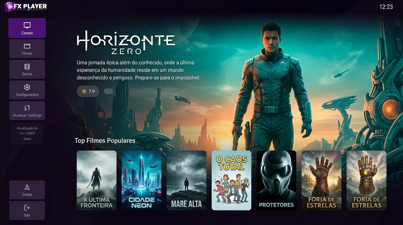 Tela inicial do FXTV Player exibindo banner de destaque e carrosséis de filmes e séries com capas e notas